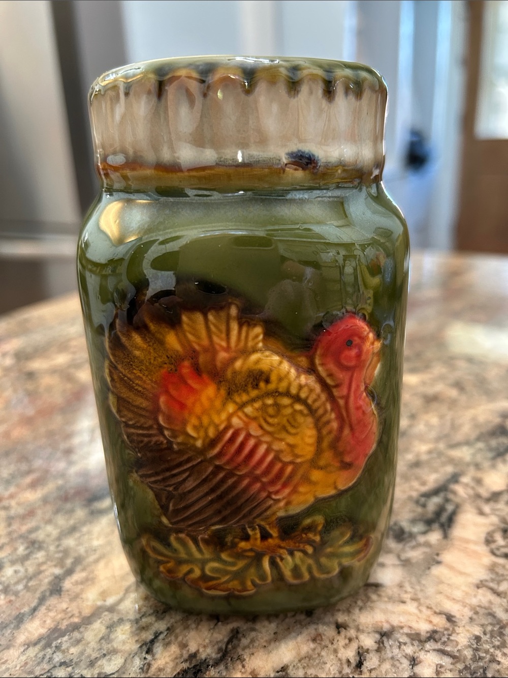 Vintage Hand-Painted Ceramic Turkey Jar - Olive Green